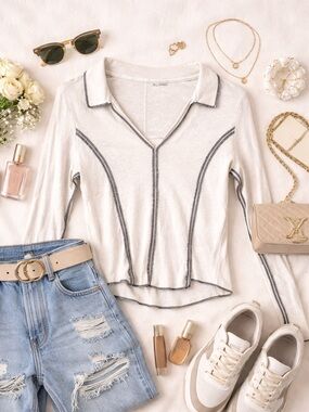 Pilcro Long Sleeve Top Cream Contrast Stitch Collared Tee Size L Anthropologie